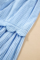 Sky Blue Stripe Bubble Short Sleeve Tiered Scallop Long Dress Maxi Dresses JT's Designer Fashion