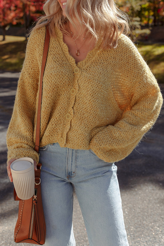 Light French Beige Lantern Sleeve Scallop V Neck Buttoned Front Cardigan Light French Beige 75%Acrylic+25%Polyamide Cardigans JT's Designer Fashion