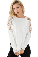 White Solid Scoop Neck Hollow Out Sweater Sweaters & Cardigans JT's Designer Fashion