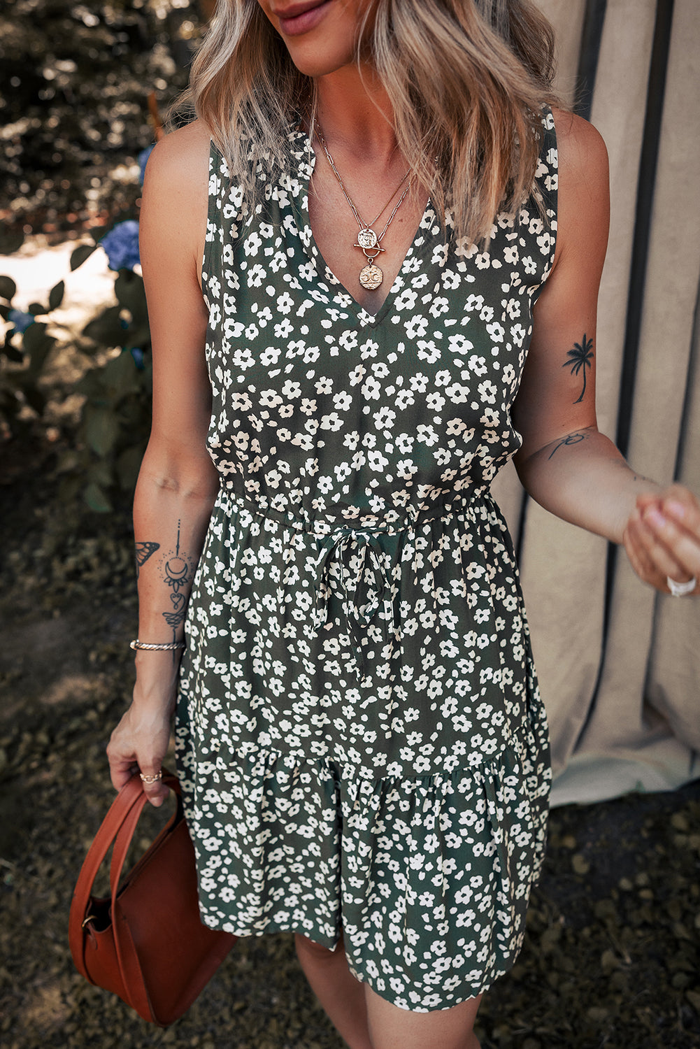 Green Boho Floral Print V Neck Tunic Sleeveless Dress Floral Dresses JT's Designer Fashion