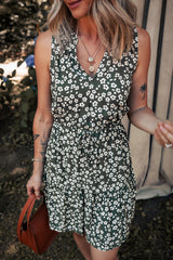 Green Boho Floral Print V Neck Tunic Sleeveless Dress Floral Dresses JT's Designer Fashion