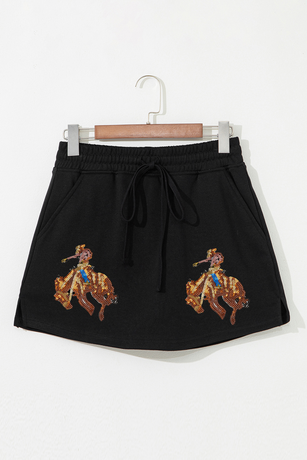 Black Sequin Western Cowboy Patched Lace-up High Waist Skort Graphic Pants JT's Designer Fashion