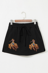 Black Sequin Western Cowboy Patched Lace-up High Waist Skort Graphic Pants JT's Designer Fashion