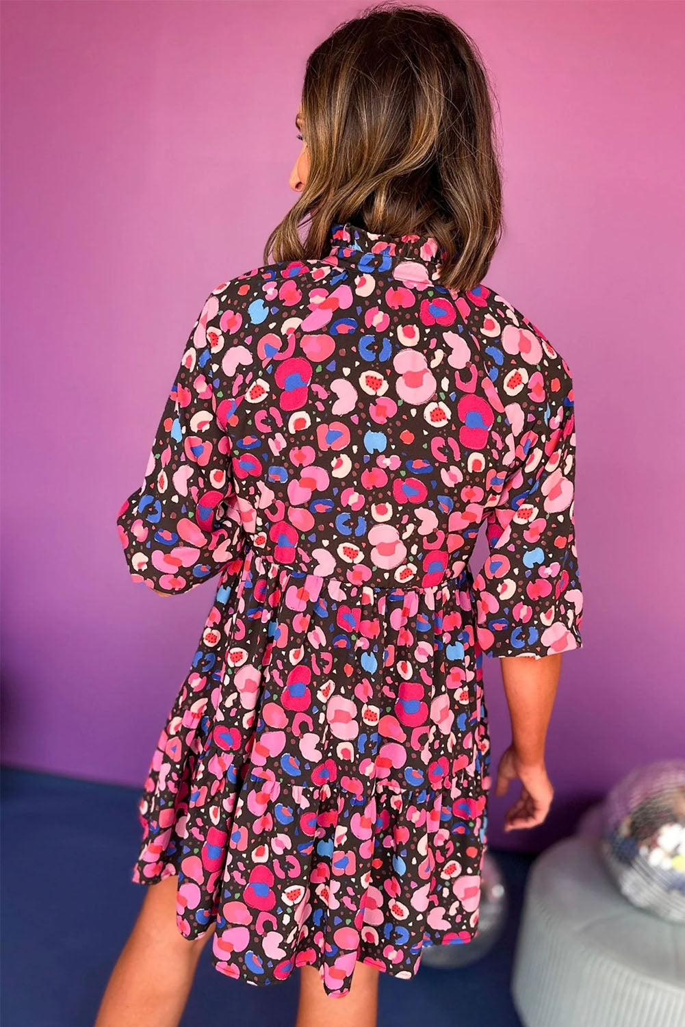 Rose Abstract Print V Neck Collared Half Sleeve Short Dress Dresses JT's Designer Fashion