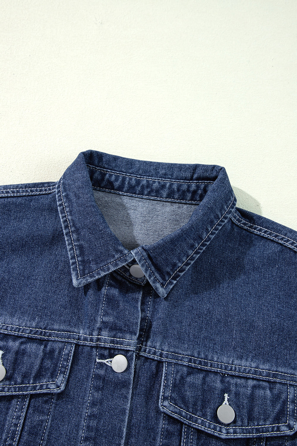 Navy Blue Ruffle Raw Hem Flap Pockets Denim Jacket Denim Jackets JT's Designer Fashion