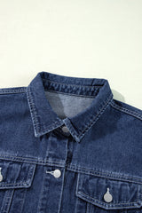 Navy Blue Ruffle Raw Hem Flap Pockets Denim Jacket Denim Jackets JT's Designer Fashion