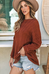 Gold Flame Solid Color Textured Crew Neck Loose Sweater Sweaters JT's Designer Fashion
