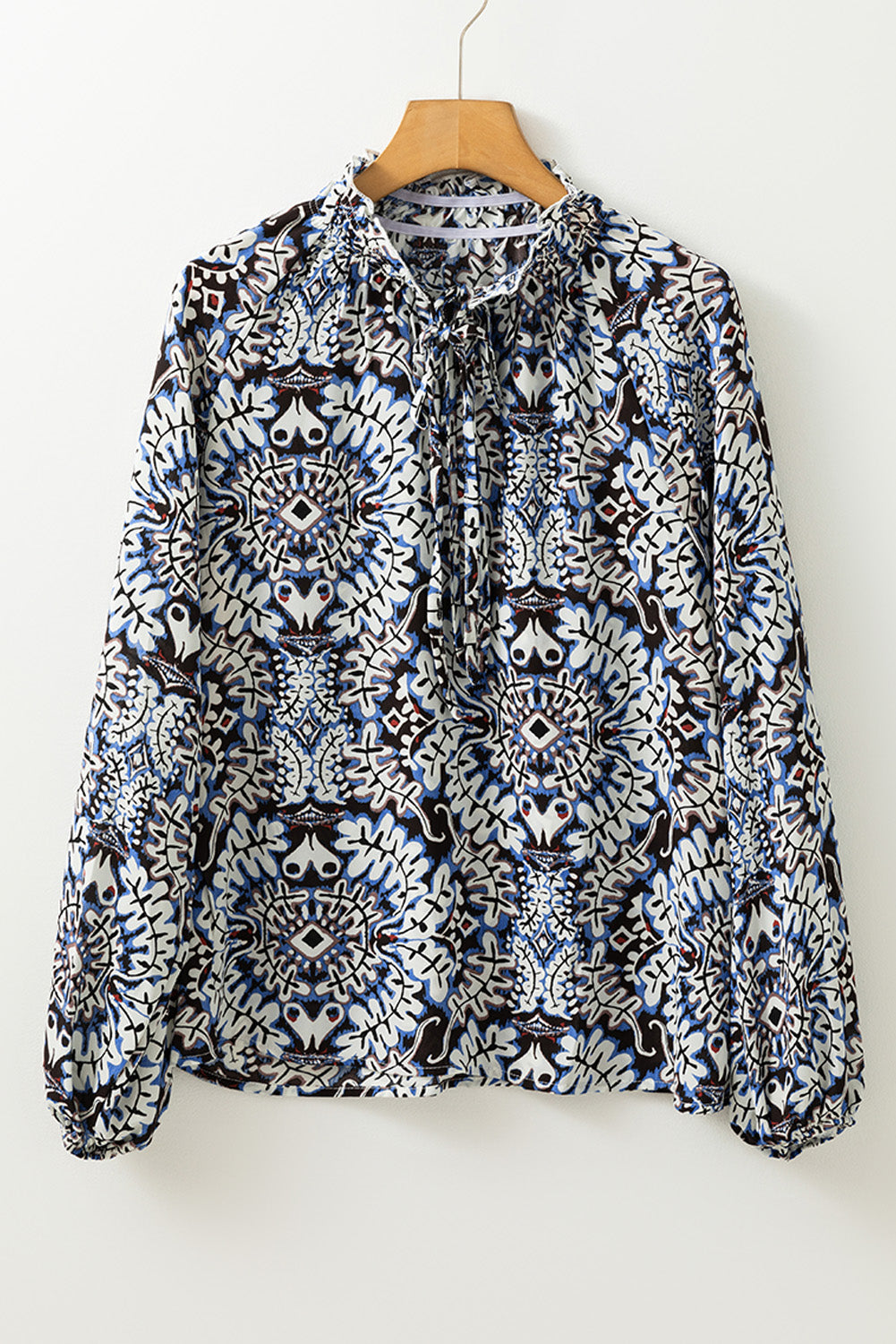 Blue Tribal Print Lace-up Frilled Neck Puff Sleeve Blouse Blouses & Shirts JT's Designer Fashion