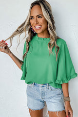 Green Frilly Round Neck Wide Half Sleeve Blouse Blouses & Shirts JT's Designer Fashion