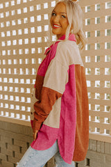 Rose Red Colorblock Curved Hem Corduroy Shacket with Pocket Jackets JT's Designer Fashion