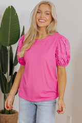 Bright Pink Ribbed Pearl Beaded Puff Sleeve Top Blouses & Shirts JT's Designer Fashion