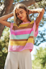 Pink Stripe Hollowed Crochet Cap Sleeve Loose Fit Sweater T Shirt Sweaters & Cardigans JT's Designer Fashion