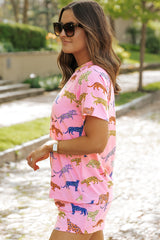 Pink Flower Print Short Sleeve High Waist Two Piece Shorts Set Short Sets JT's Designer Fashion