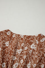 Brown Boho Floral Ruffled Puff Sleeve V Neck Mini Dress Floral Dresses JT's Designer Fashion