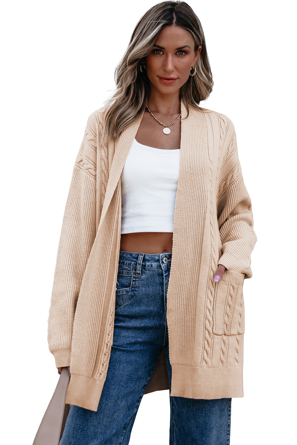 Parchment Oversize Chunky Cable Knit Open Front Midi-length Cardigan Cardigans JT's Designer Fashion