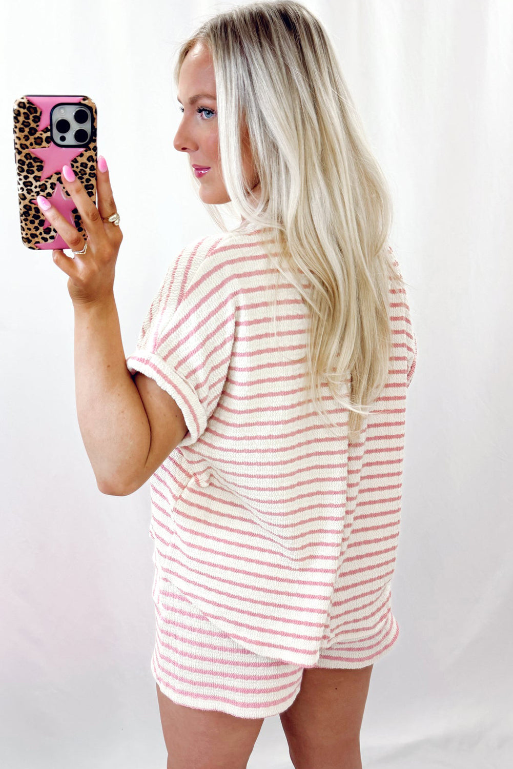 Pink Stripe Knitted Short Sleeve Top and Drawstring Shorts Set Short Sets JT's Designer Fashion