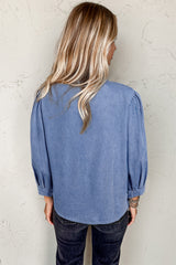 Myosotis Denim Front Pintuck Bow Tie Puff Sleeve Top Blouses & Shirts JT's Designer Fashion