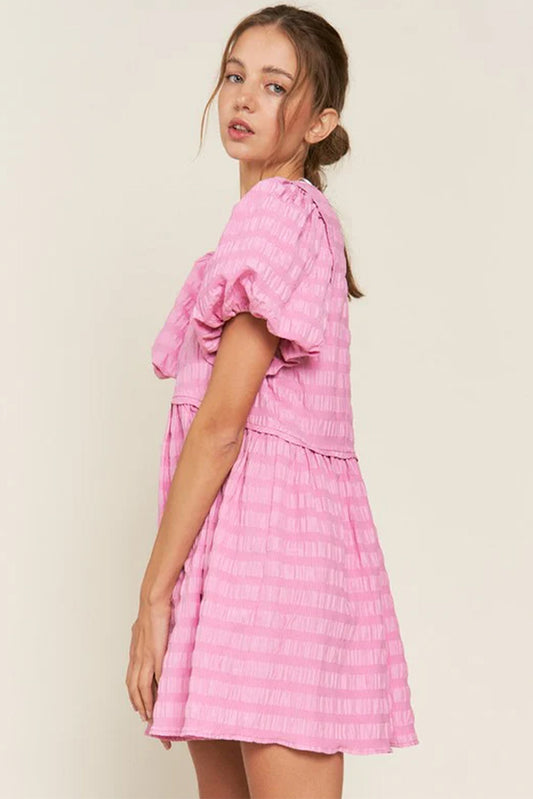 Bonbon Textured Bubble Sleeve High Waist Mini Dress Mini Dresses JT's Designer Fashion