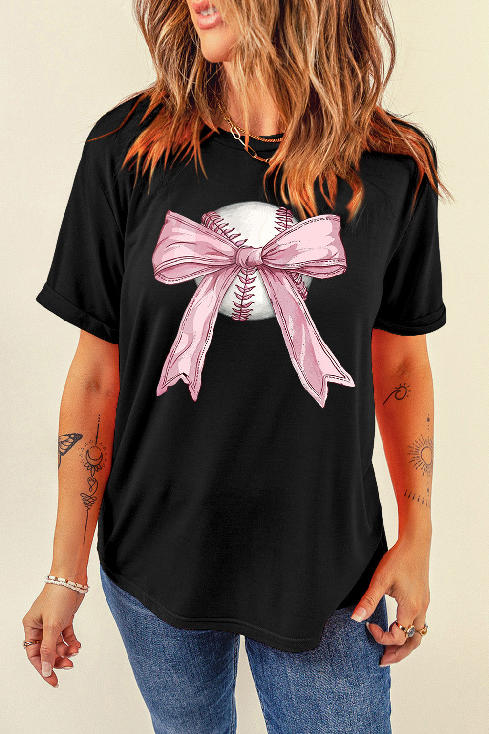 Black Baseball Bow Knot Print Round Neck T Shirt Graphic Tees JT's Designer Fashion