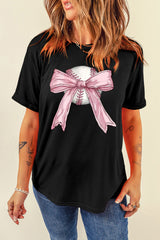 Black Baseball Bow Knot Print Round Neck T Shirt Graphic Tees JT's Designer Fashion