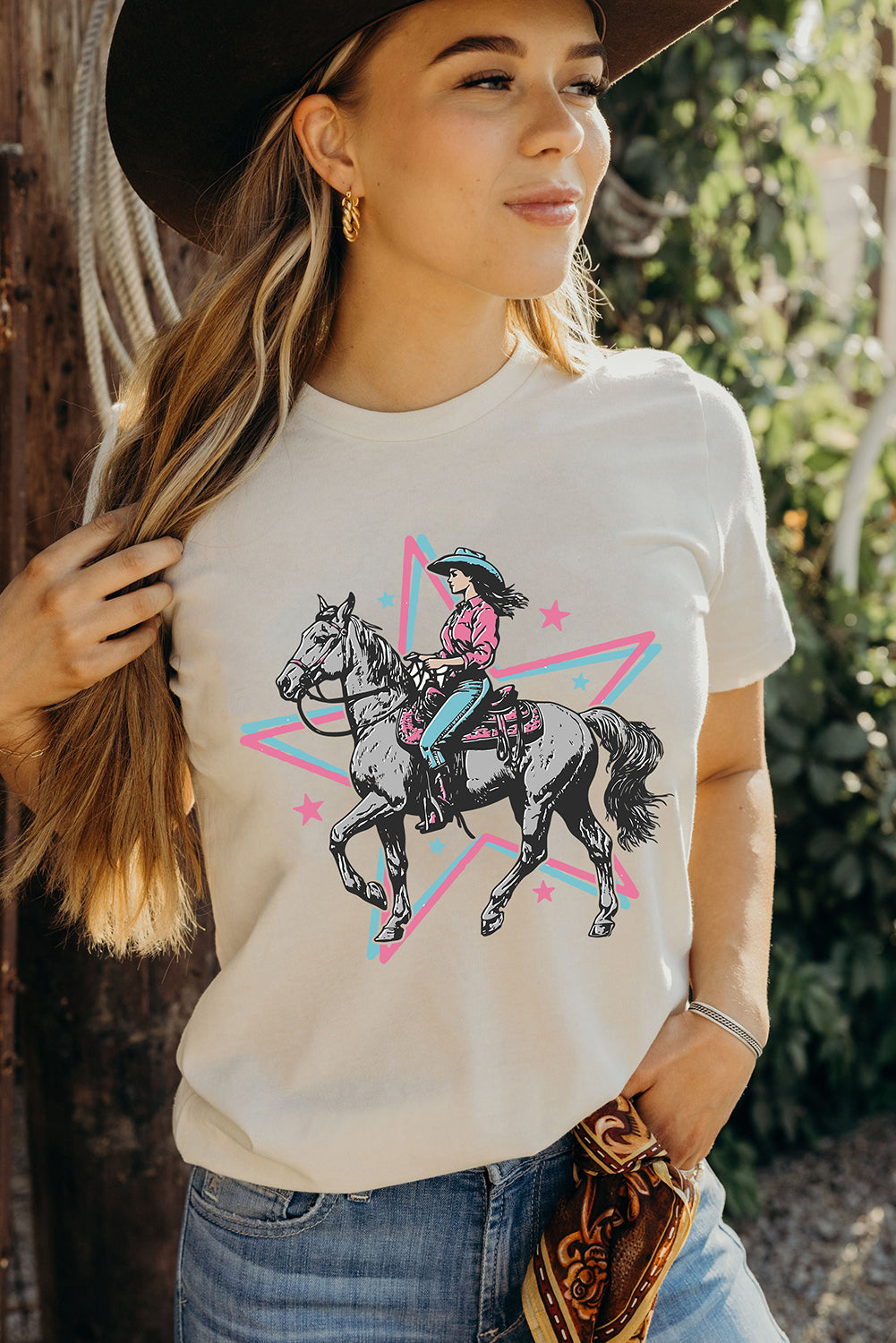 White Star Cowgirl Graphic Round Neck T Shirt Graphic Tees JT's Designer Fashion