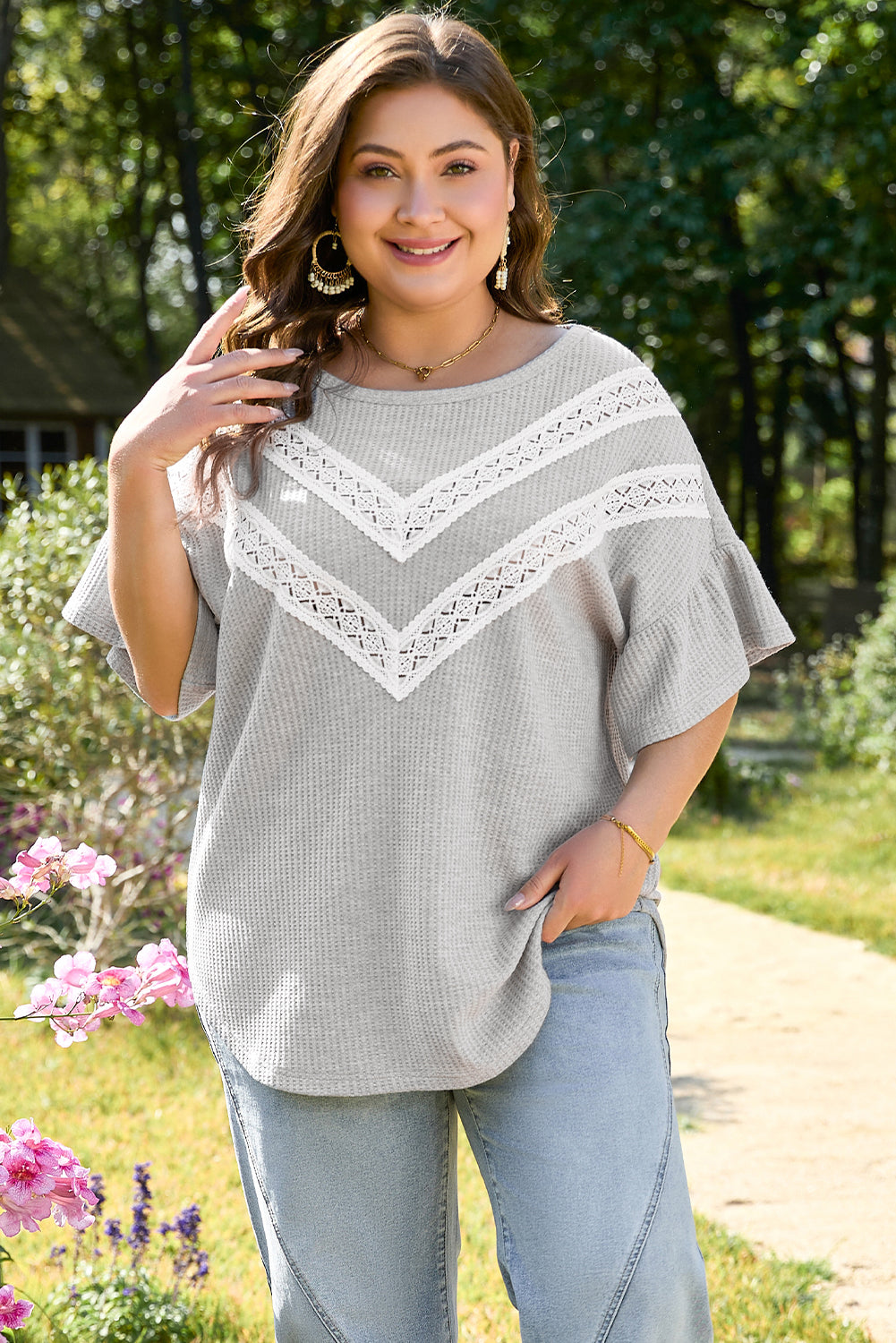 Light Grey Lace Insert Waffle Ruffle Short Sleeve Plus Size Top Light Grey 70%Polyester+27%Viscose+3%Elastane Plus Size Tops & Tees JT's Designer Fashion