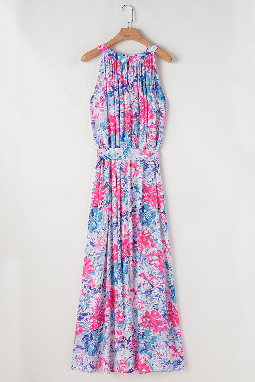 Sky Blue Floral Printed Sleeveless O Neck Knot Waist Maxi Dress Floral Dresses JT's Designer Fashion