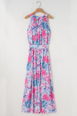 Sky Blue Floral Printed Sleeveless O Neck Knot Waist Maxi Dress Floral Dresses JT's Designer Fashion