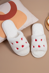 White Valentines Heart Embroidered Fuzzy Winter House Slippers Slippers JT's Designer Fashion
