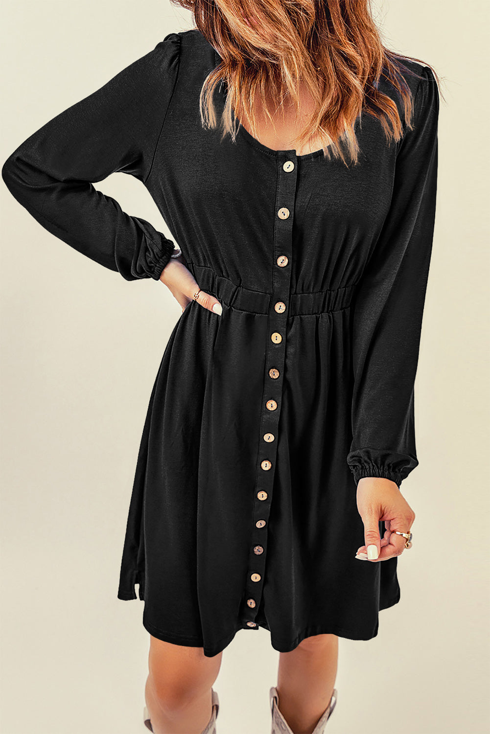 Black Button Up High Waist Long Sleeve Dress Midi Dresses JT's Designer Fashion