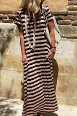 Black Stripe Casual Round Neck T-shirt Maxi Dress with Pockets T Shirt Dresses JT's Designer Fashion