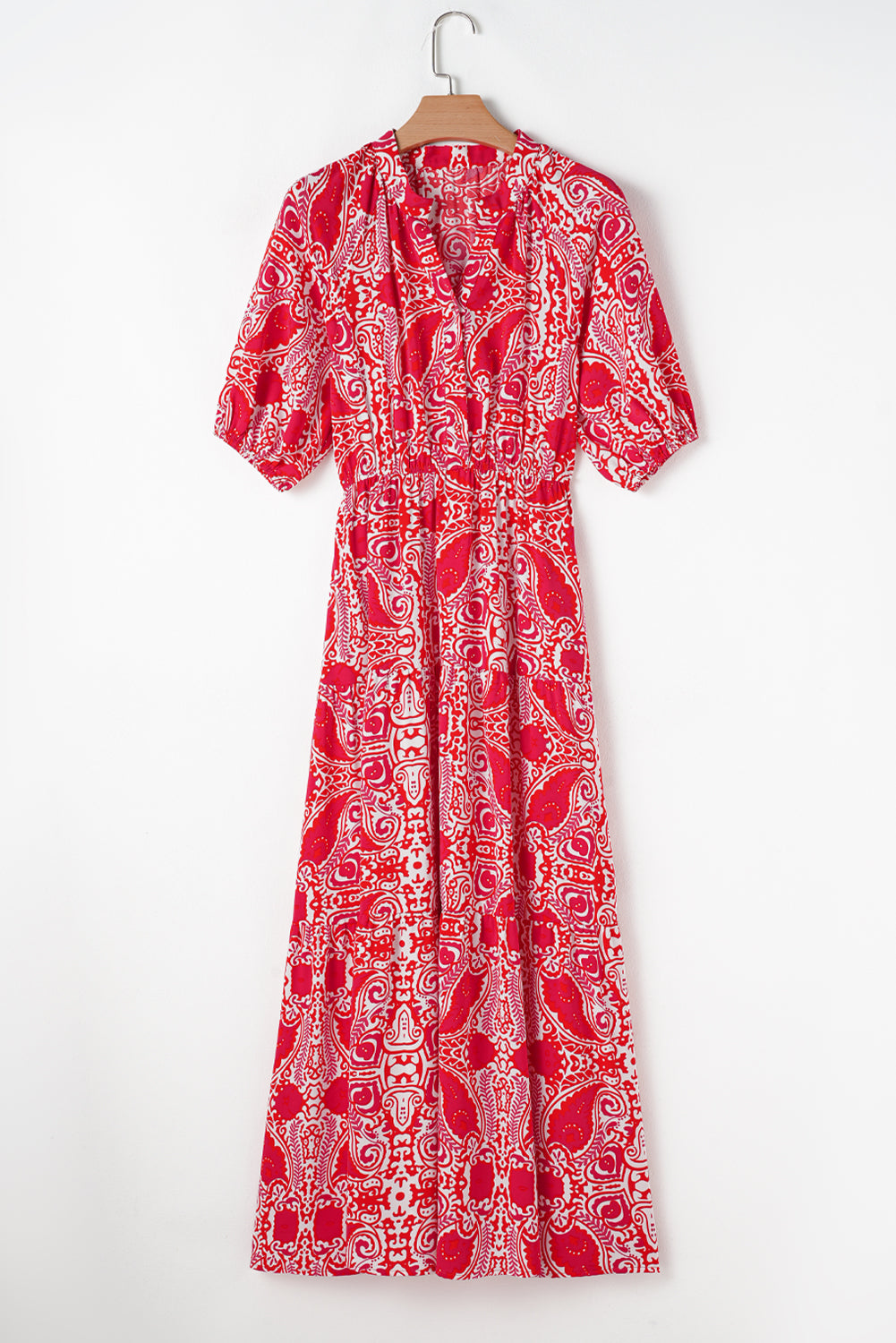 Red Paisley Print Side Slit Puff Sleeve High Waist Long Dress Maxi Dresses JT's Designer Fashion