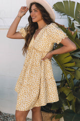 Yellow Floral Short Sleeve V Neck Frilly Tiered Mini Dress Floral Dresses JT's Designer Fashion
