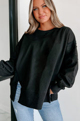 Black Exposed Seam Drop Shoulder Round Neck Sweatshirt with Slits Sweatshirts & Hoodies JT's Designer Fashion