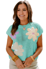 Moonlight Jade Big Flower Knit Short Sleeve Sweater Sweaters & Cardigans JT's Designer Fashion
