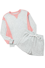 Light Grey Color Block Raw Hem Pullover and Casual Shorts Set Short Sets JT's Designer Fashion