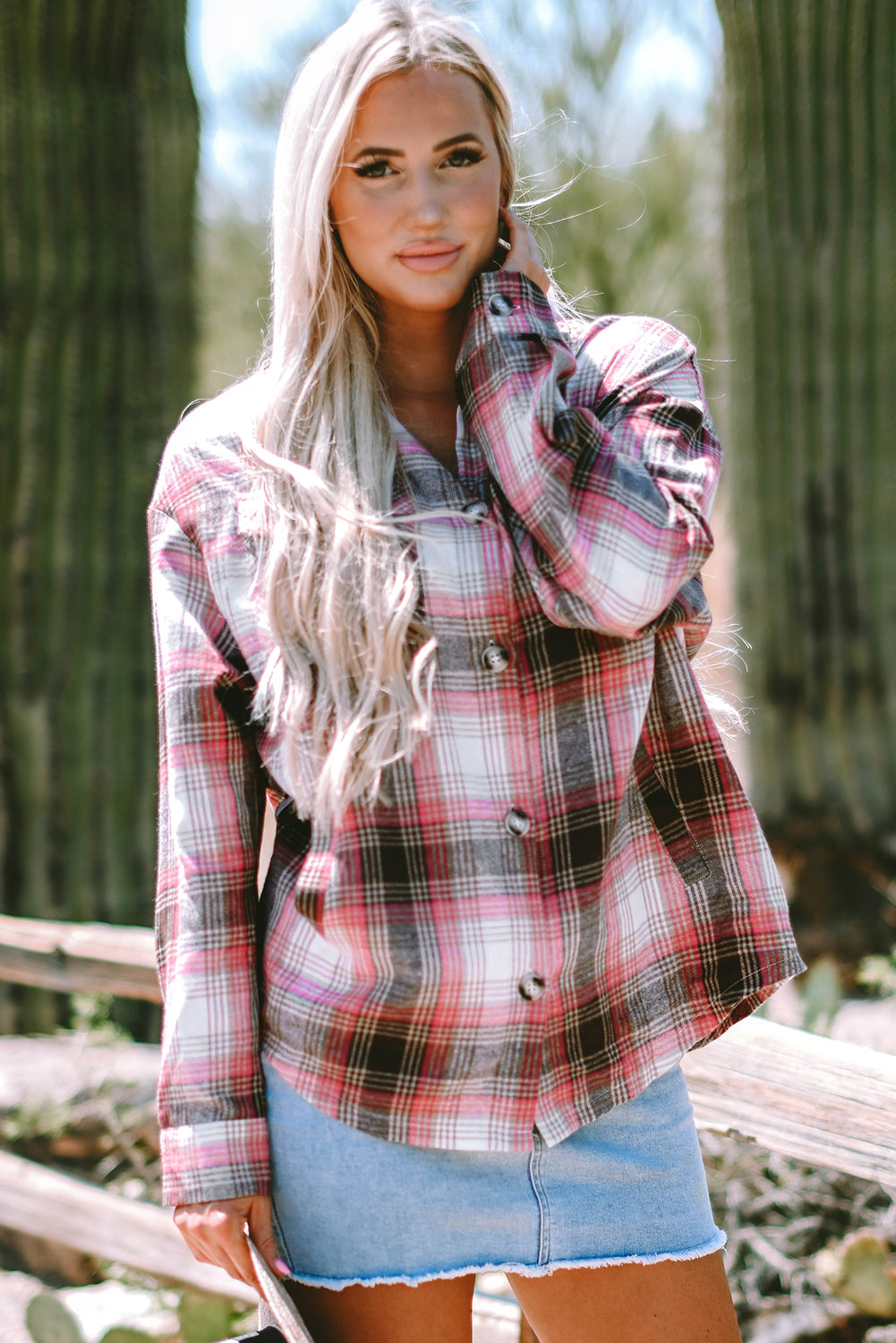 Pink Plaid Flap Pocket Button Up Shacket Pink 60%Cotton+40%Polyester Plaid Shackets JT's Designer Fashion