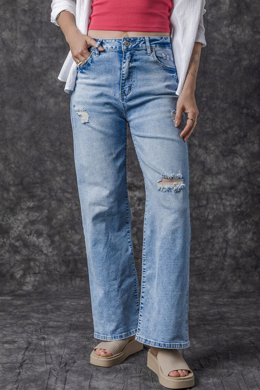 Light Blue High Rise Distressed Straight Leg Jeans Light Blue 65%Cotton+33%Polyester+2%Elastane Jeans JT's Designer Fashion