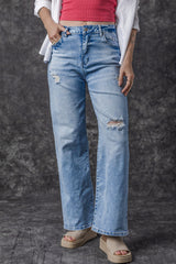 Light Blue High Rise Distressed Straight Leg Jeans Light Blue 65%Cotton+33%Polyester+2%Elastane Jeans JT's Designer Fashion