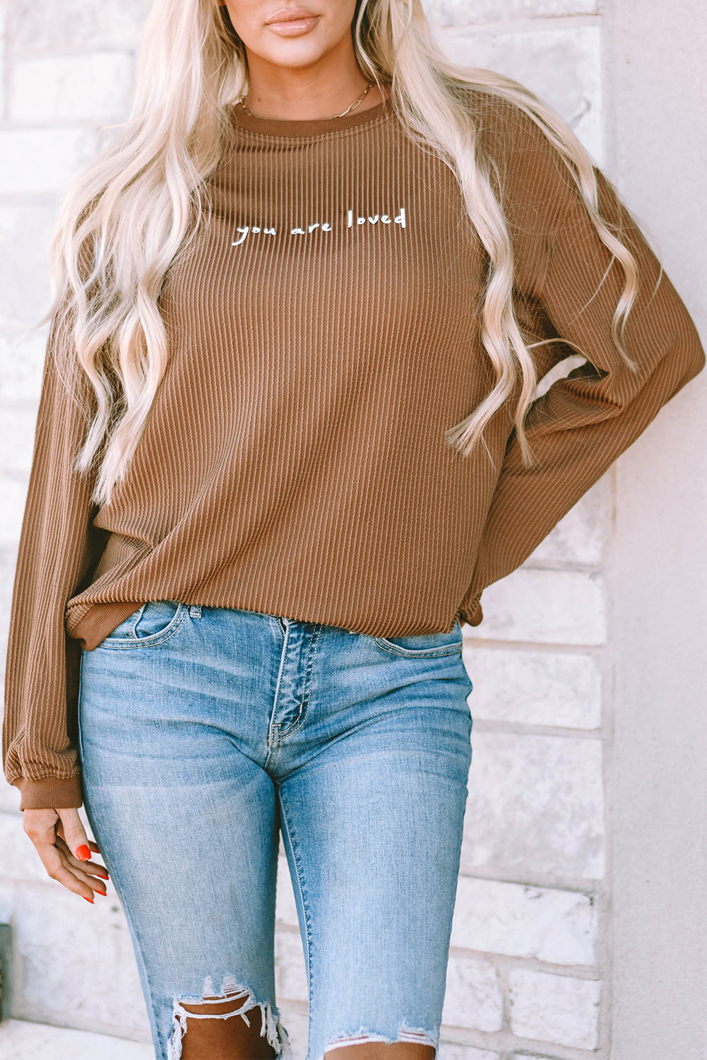 Khaki You Are Loved Print Corduroy Sweatshirt Sweatshirts & Hoodies JT's Designer Fashion