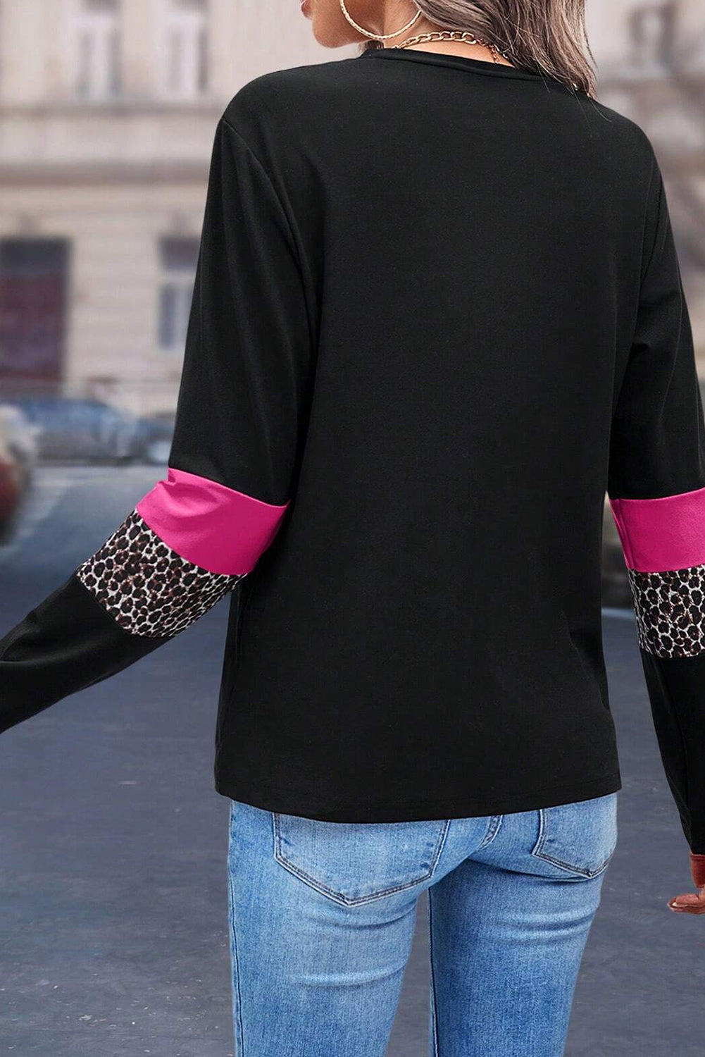 Rose Leopard Colorblock Patchwork Crew Neck Long Sleeve Tee Long Sleeve Tops JT's Designer Fashion