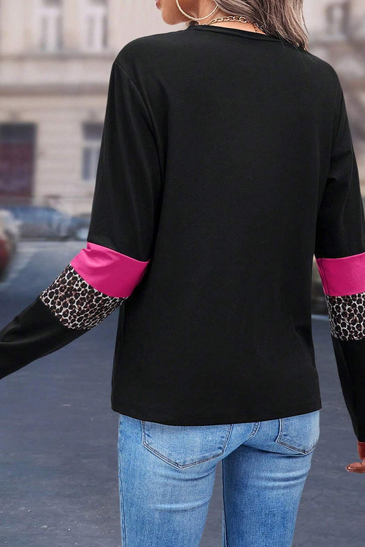 Rose Leopard Colorblock Patchwork Crew Neck Long Sleeve Tee Long Sleeve Tops JT's Designer Fashion