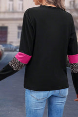 Rose Leopard Colorblock Patchwork Crew Neck Long Sleeve Tee Long Sleeve Tops JT's Designer Fashion
