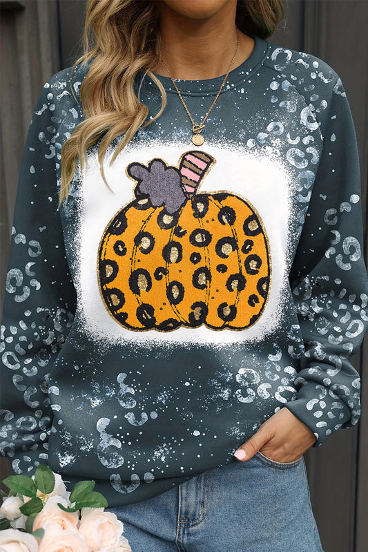 Blue Leopard Pumpkin Ink Plash Printed Halloween Sweatshirt Blue 95%Polyester+5%Elastane Graphic Sweatshirts JT's Designer Fashion