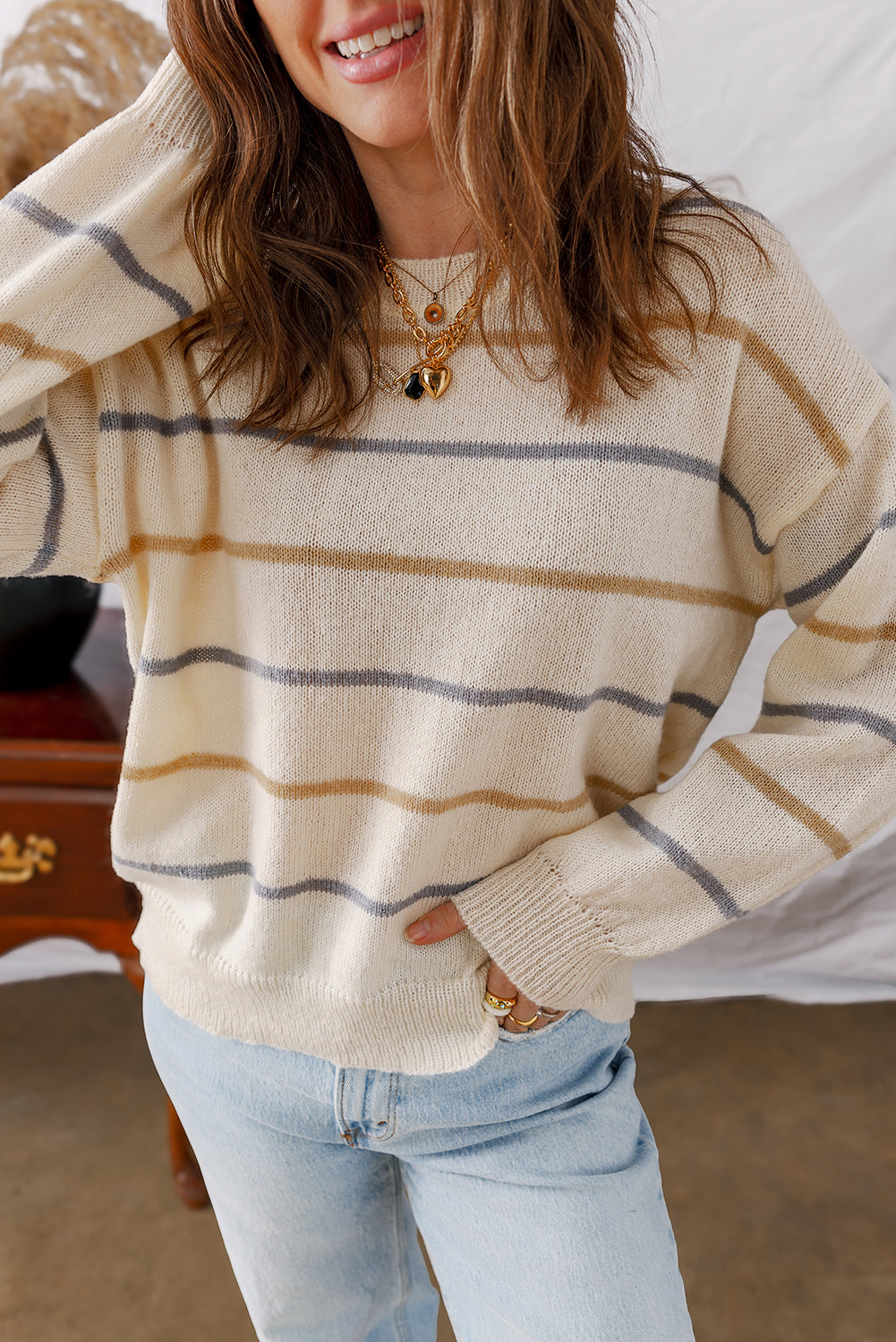 Multicolour Striped Ribbed Edge Drop Shoulder Sweater Sweaters JT's Designer Fashion