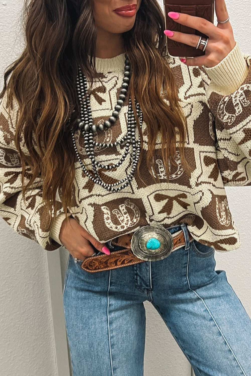 Brown Bows & Horseshoes Pattern Western Fashion Print Sweater Brown 52%Viscose+26%Polyester+22%Polyamide Sweaters JT's Designer Fashion