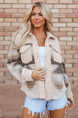Khaki Western Aztec Print Sherpa Splicing Buttoned Flap Pocket Coat Jackets JT's Designer Fashion