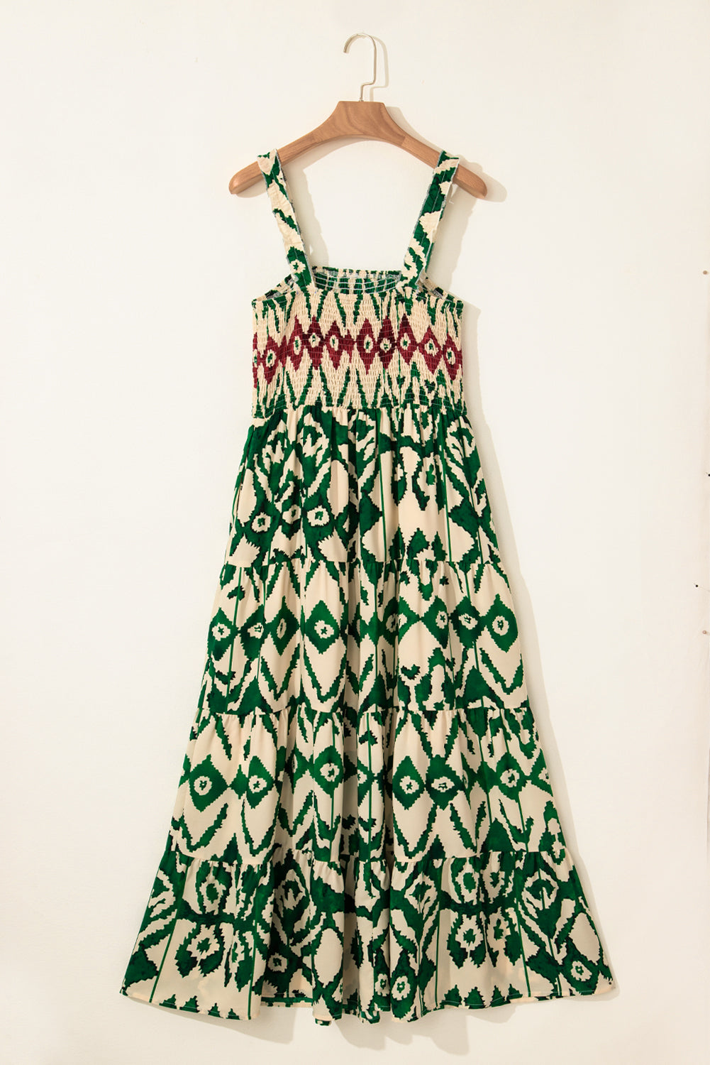 Green Western Aztec Shirred A-line Sleeveless Long Dress Maxi Dresses JT's Designer Fashion