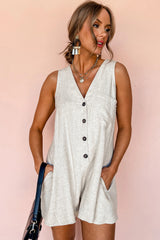 Beige Sleeveless V Neck Buttoned Front Chest Pocket Romper Bottoms JT's Designer Fashion