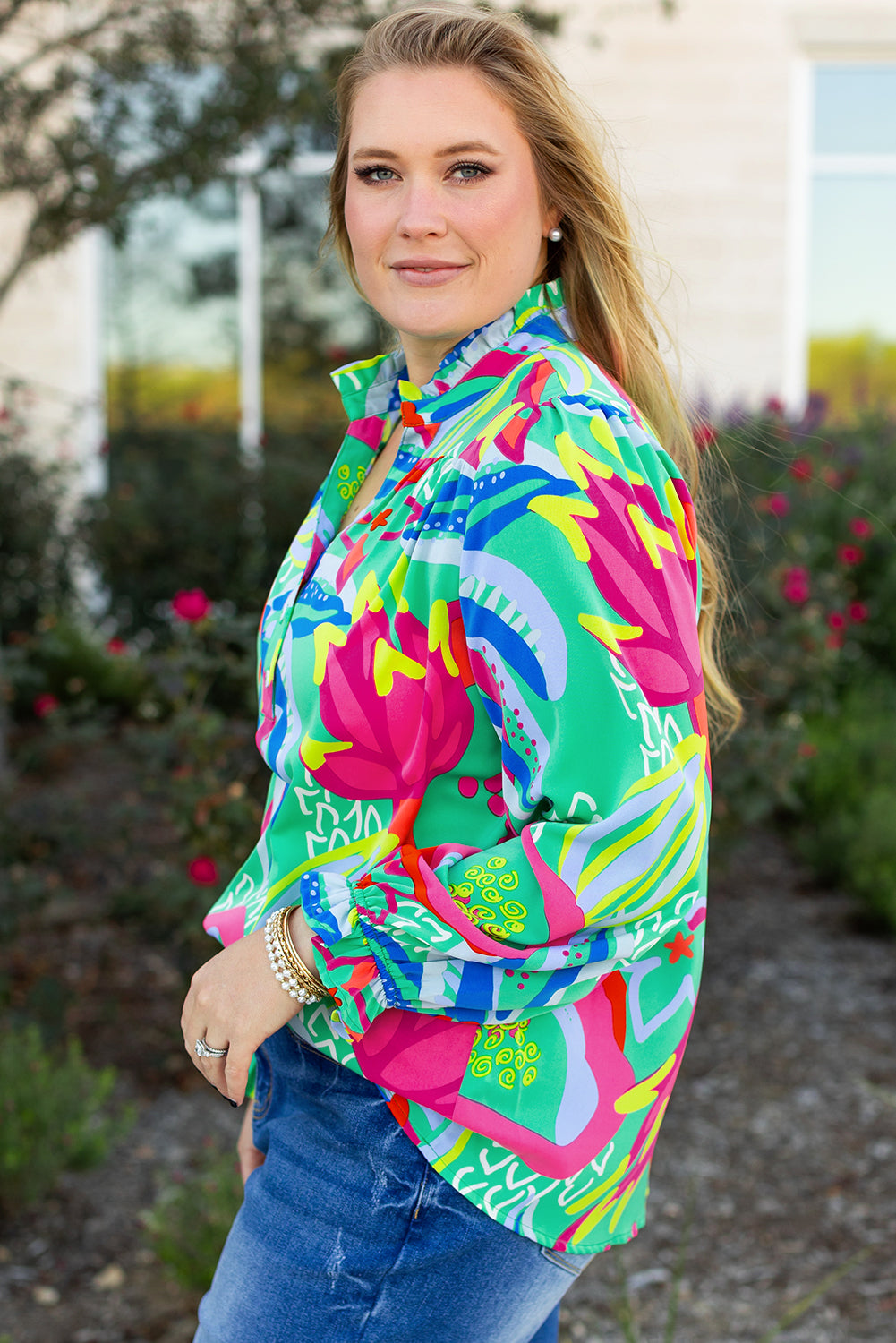 Green Abstract Printed Flounce Sleeve V Neck Buttoned Plus Size Blouse Plus Size Blouses & Shirts JT's Designer Fashion